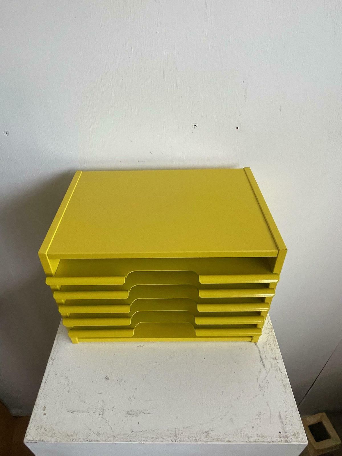 1980s Bright Yellow A4 Office Storage Stationery Box By The Crown Suppliers Military Arrow photo for sale