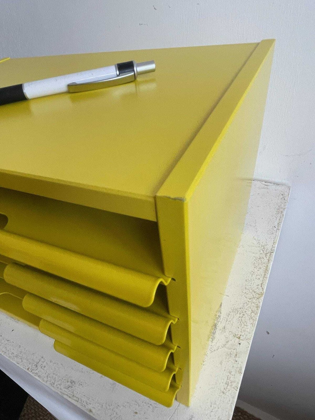 1980s Bright Yellow A4 Office Storage Stationery Box By The Crown Suppliers Military Arrow photo vintage
