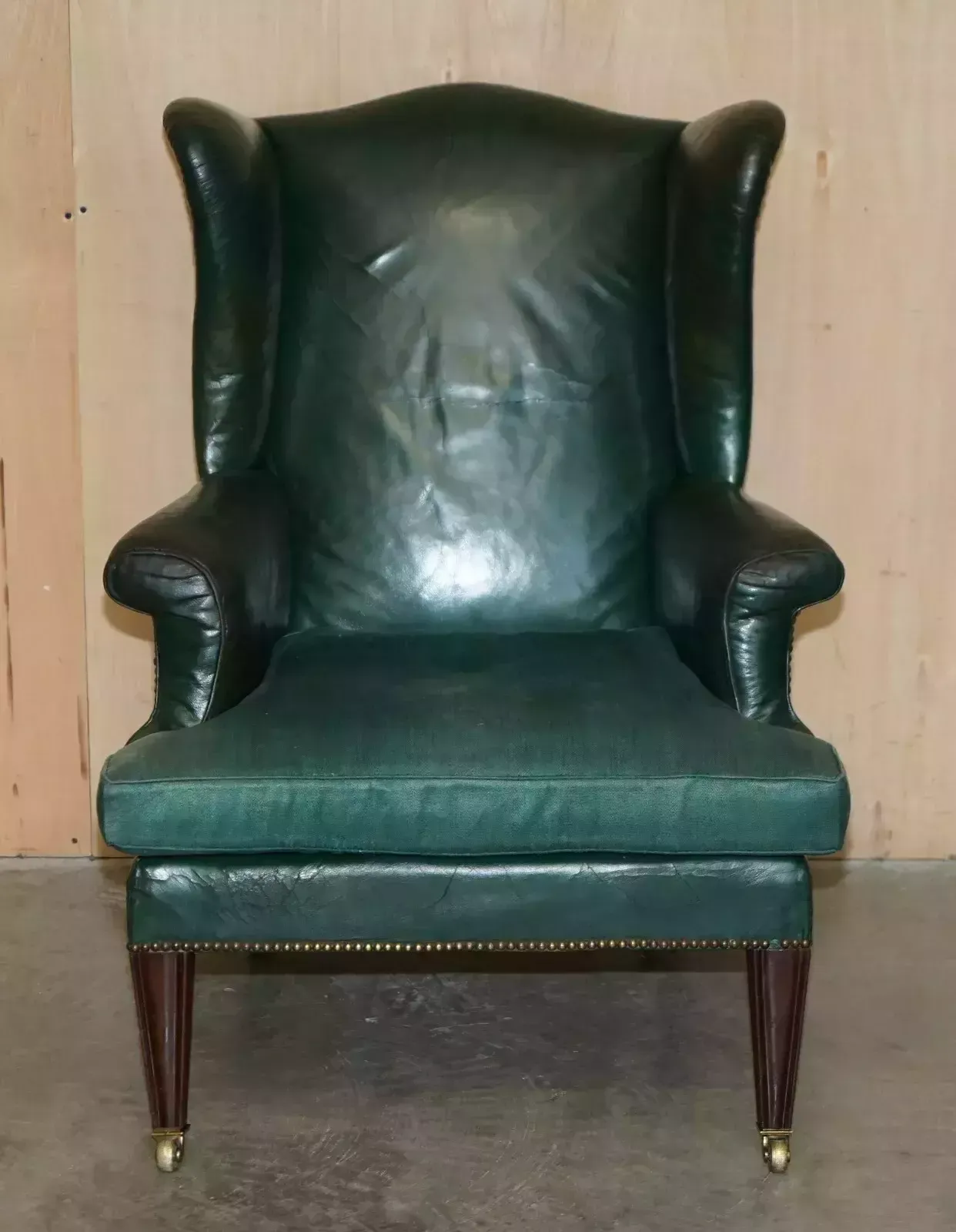 Pair Of Antique Victorian Original Green Leather Upholstery Wingback Armchairs photo for sale