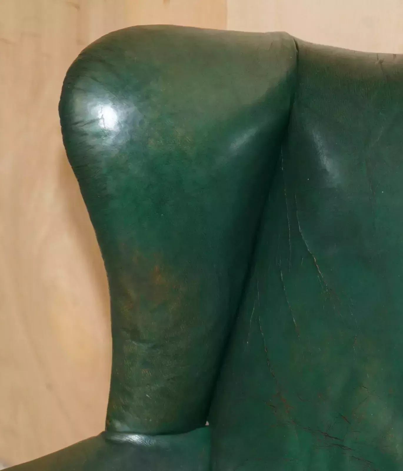 Pair Of Antique Victorian Original Green Leather Upholstery Wingback Armchairs photo 3950.0