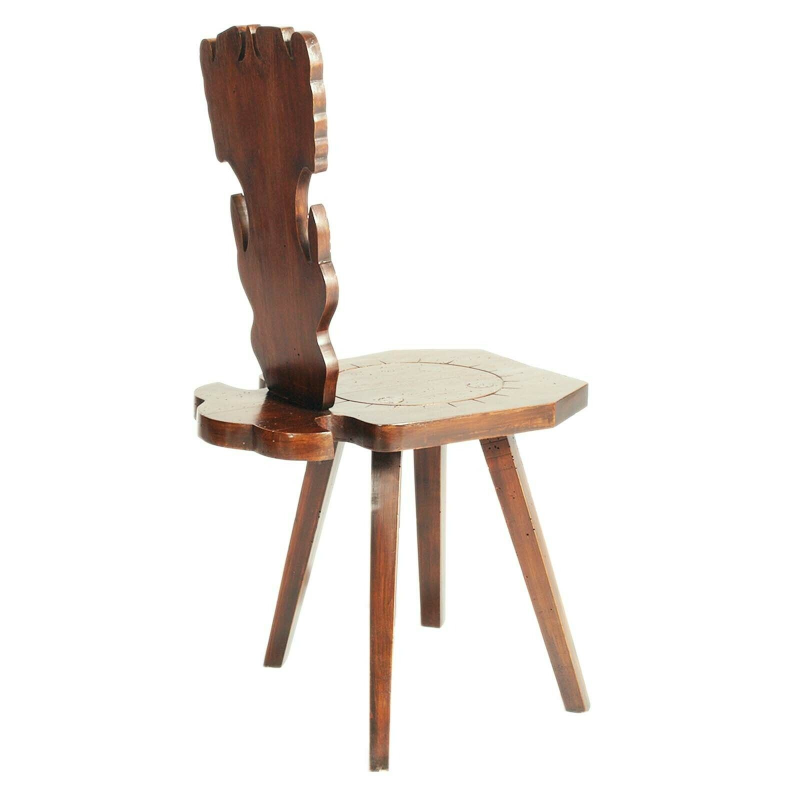 1900s Pair Antique Tyrolean Stool Chair In Hand Carved Walnut Wax Polished photo for sale