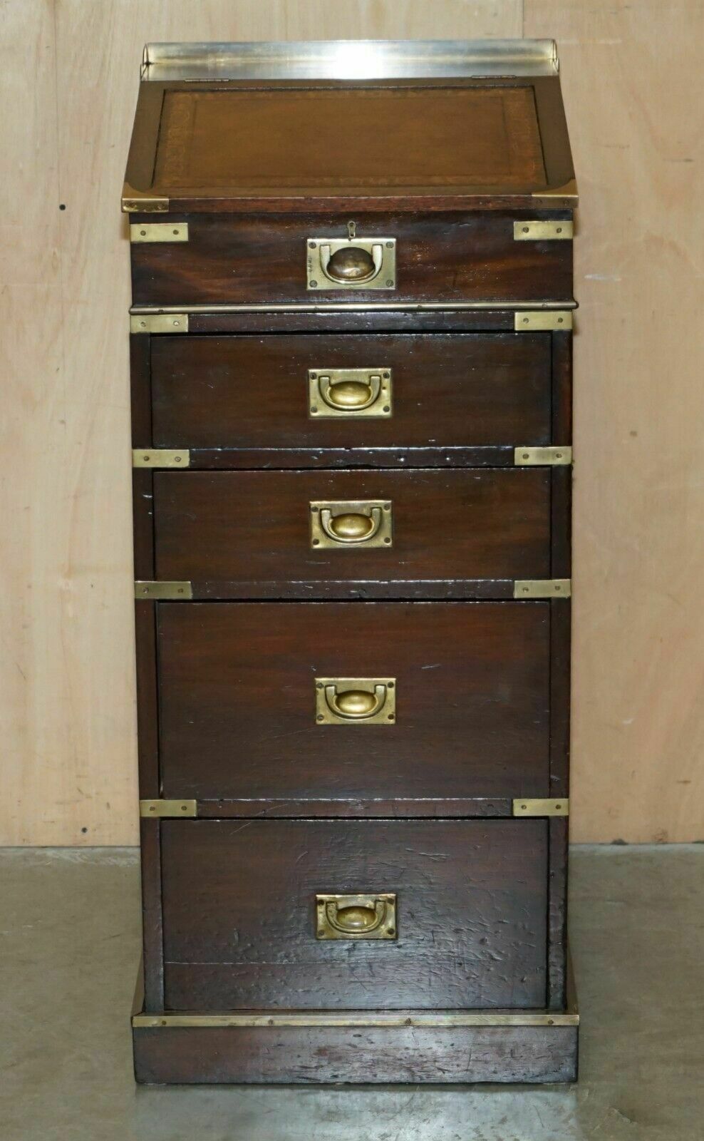 Antique Victorian Brown Leather Brass Gallery Military Campaign Davenport Desk photo furniture