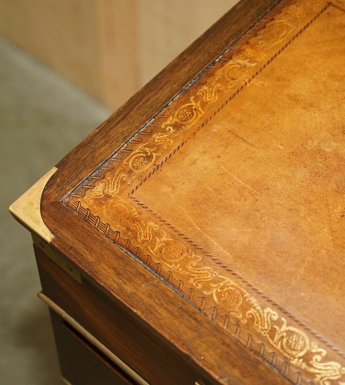 Antique Victorian Brown Leather Brass Gallery Military Campaign Davenport Desk photo 2850.0