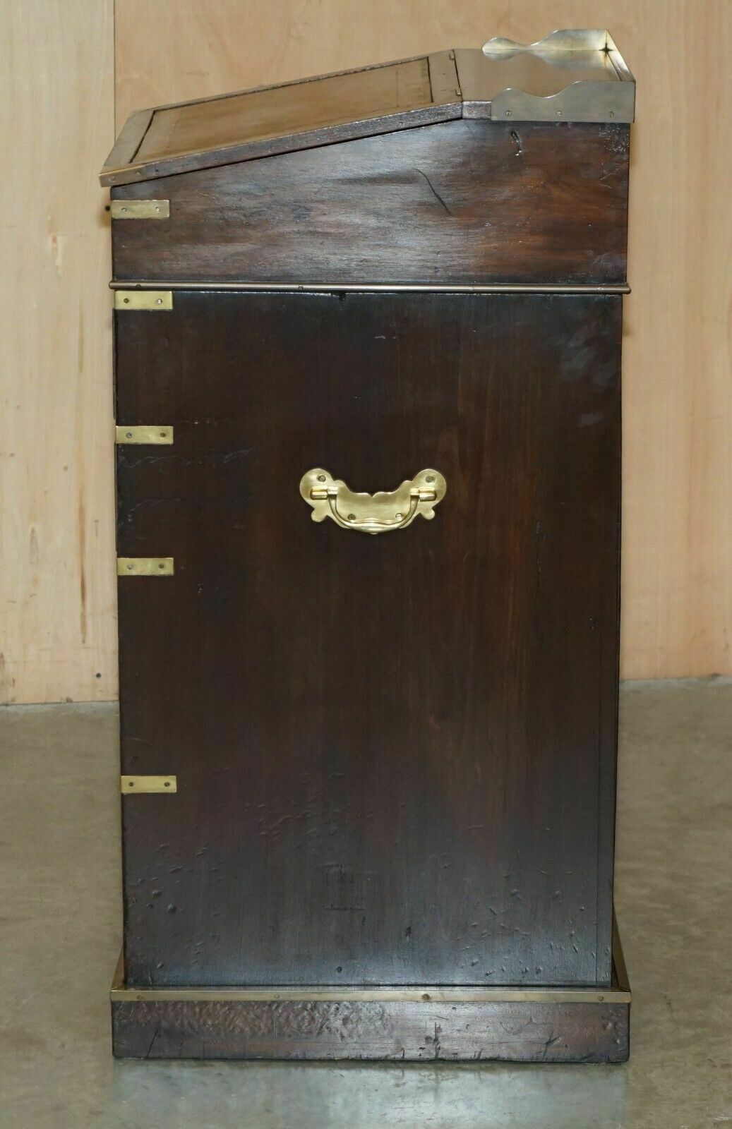 photo buy Antique Victorian Brown Leather Brass Gallery Military Campaign Davenport Desk
