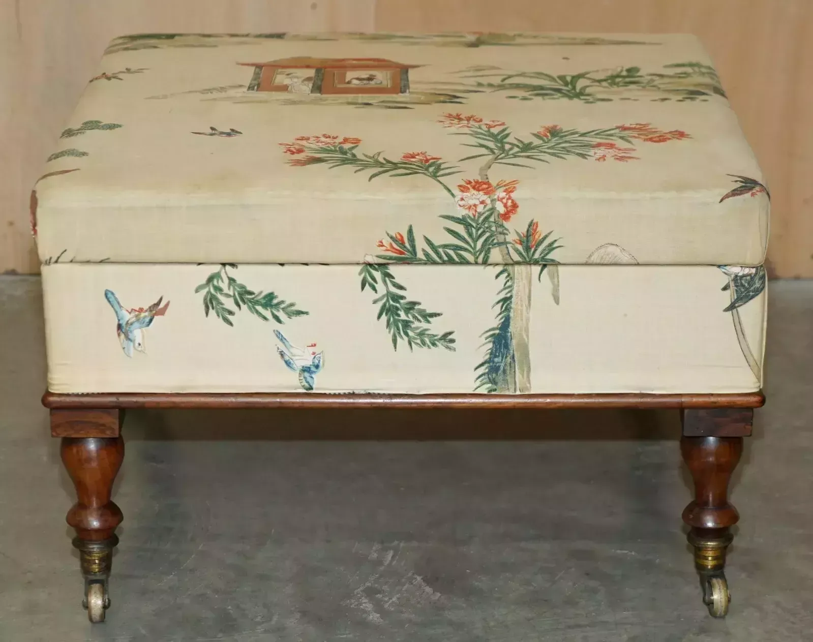 photo furniture Fine English Victorian Circa 1860 Footstool Ottoman Chinese Chinoiserie Fabric