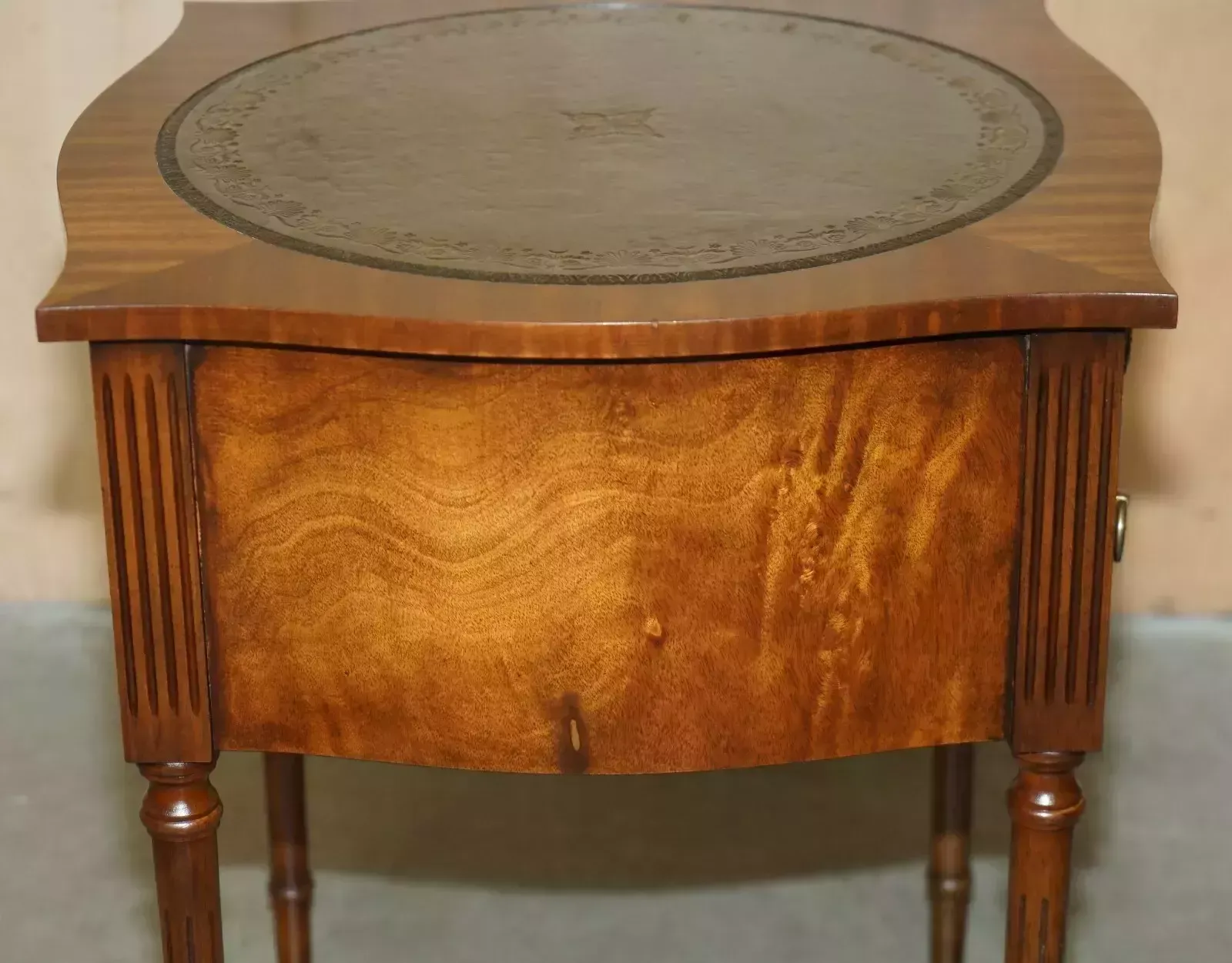 photo for sale Stunning Pair Of Vintage Flamed Mahogany Green Leather Bevan Funnell Side Tables
