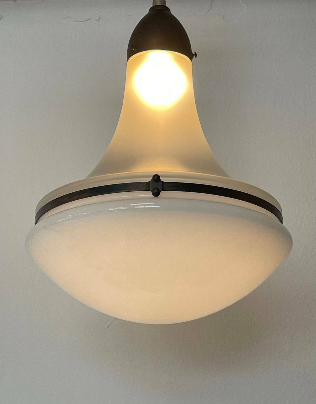 Antique Exclusive Large Luzette Ceiling Light In Opaline And Frosted Glass Designed By Peter Behrens In 1906 For Siemens Schukert, Germany photo vinterior