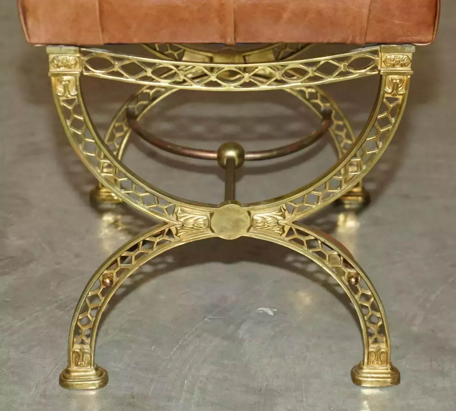 Fine Antique Victorian Brass Show Frame Chesterfield Brown Leather Footstool photo vintage