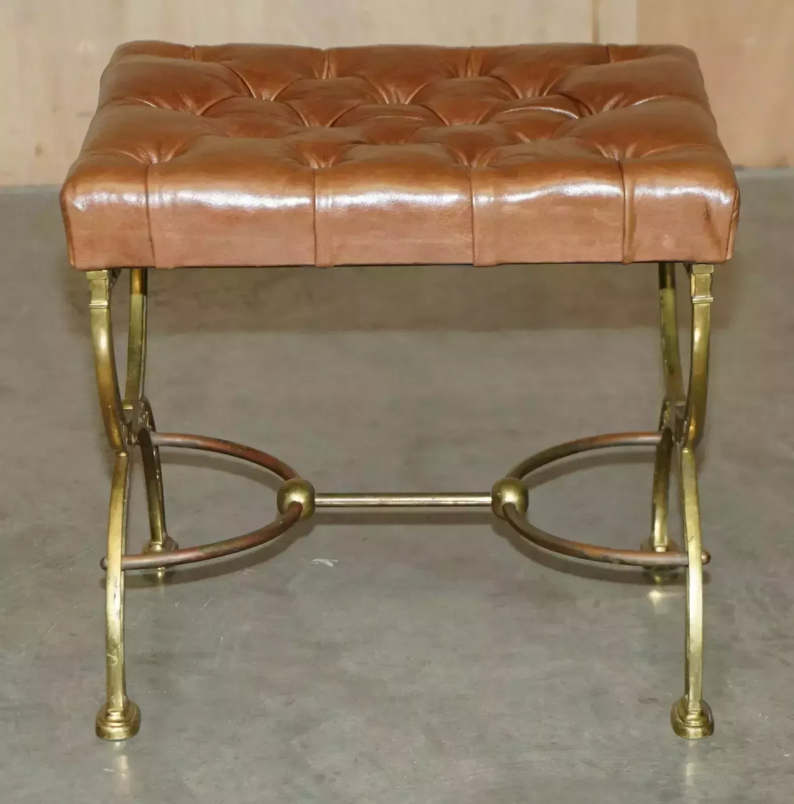 2350.0 Fine Antique Victorian Brass Show Frame Chesterfield Brown Leather Footstool photo