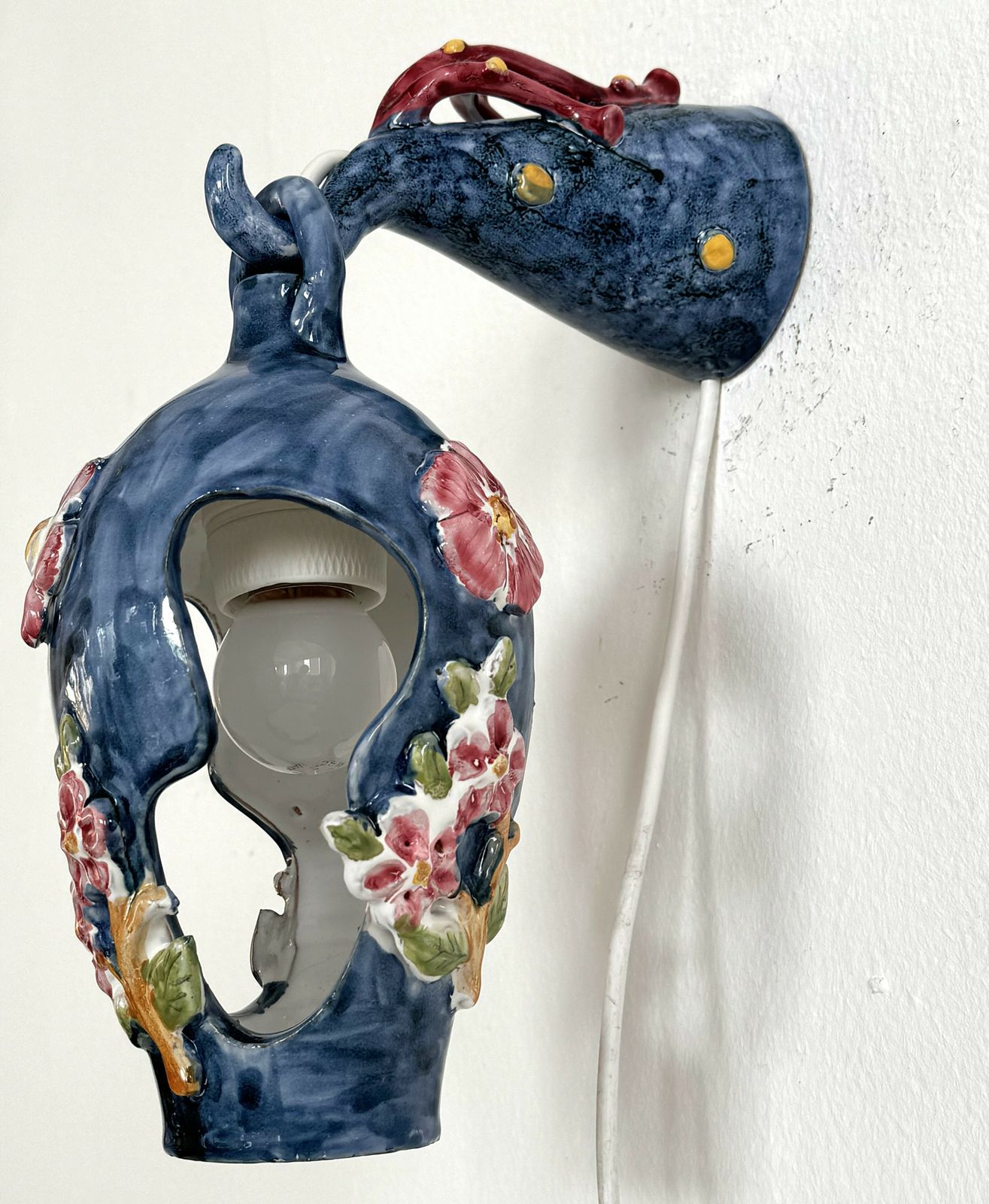 1950's Flower And Coral Maiolica Illuminated Lantern By Vietri Italy photo vinterior