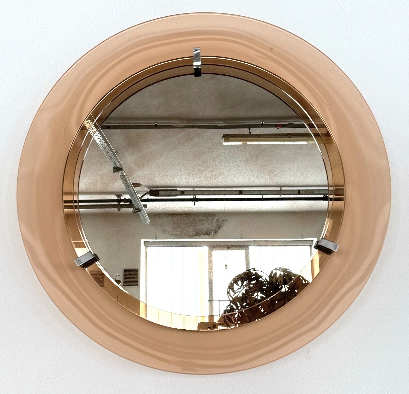 Italian Large Midcentury Round Glass Wall Mirror In Pink, 1970s