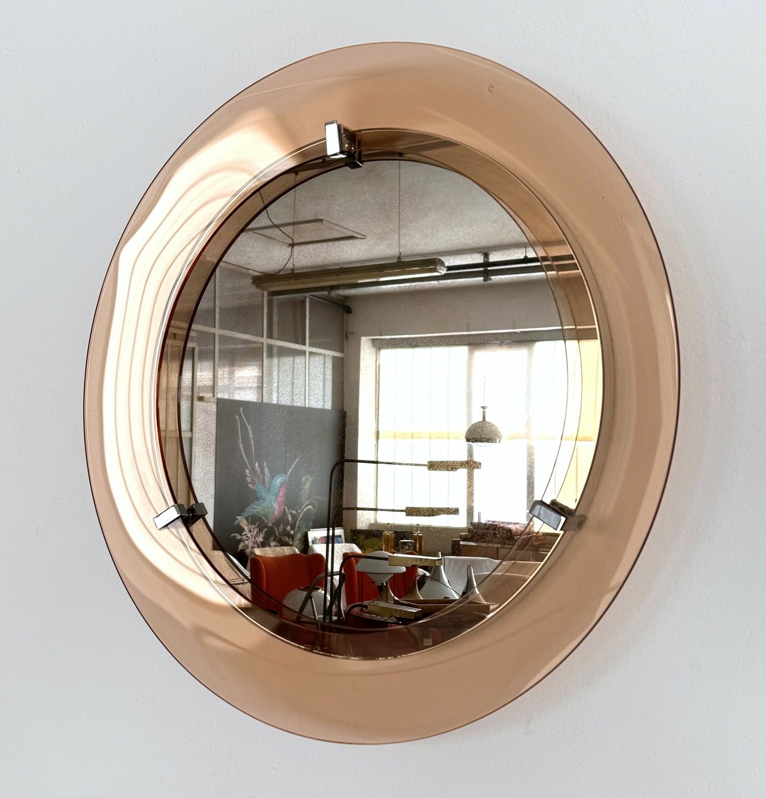 Italian Large Midcentury Round Glass Wall Mirror In Pink, 1970s photo for sale