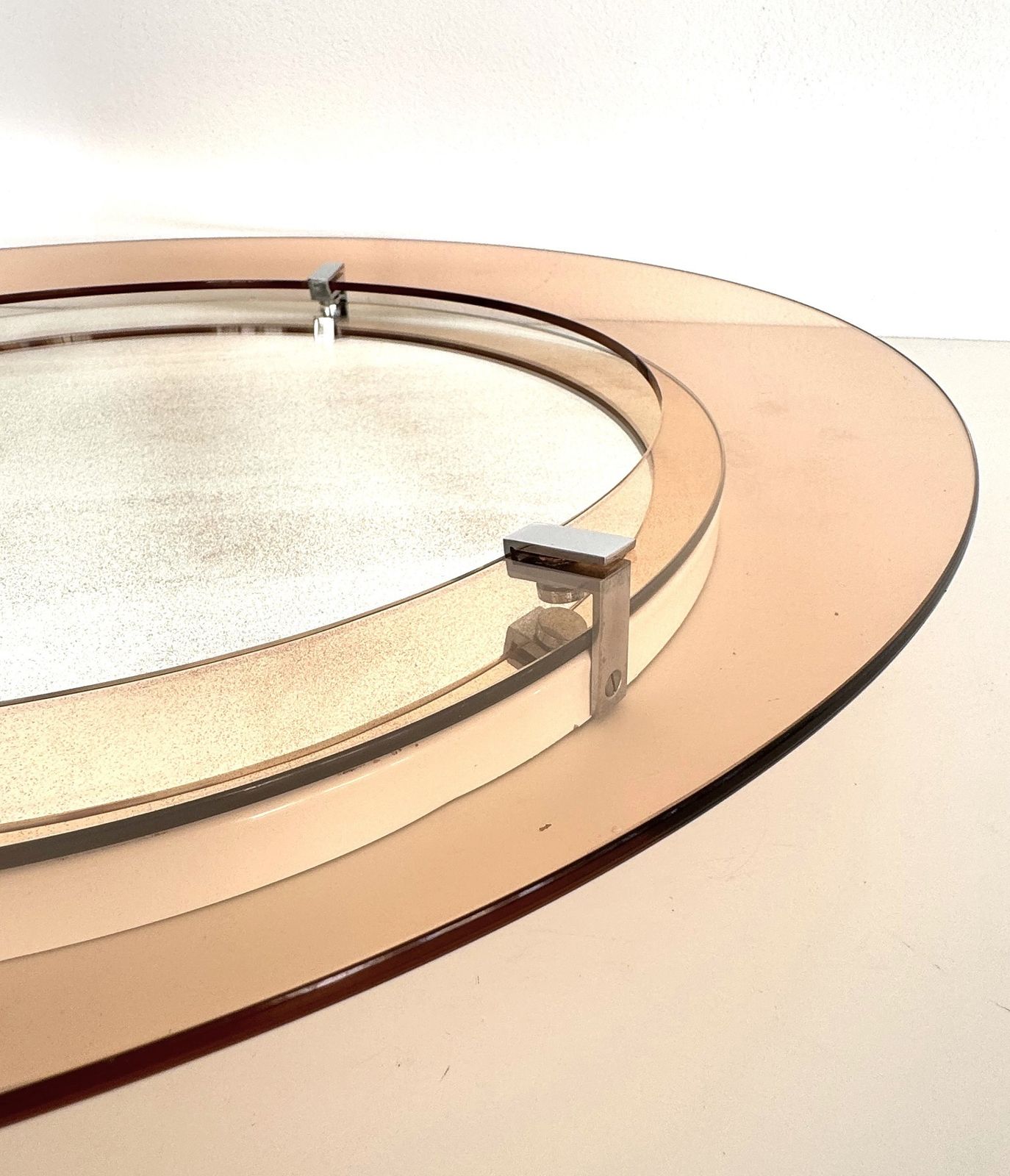 Italian Large Midcentury Round Glass Wall Mirror In Pink, 1970s photo buy