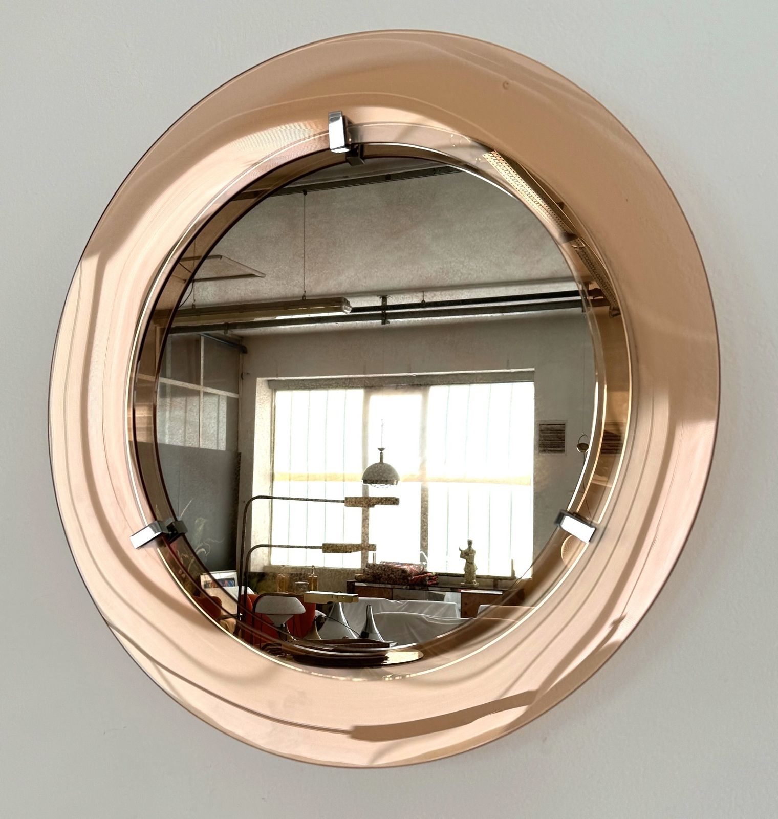 photo furniture Italian Large Midcentury Round Glass Wall Mirror In Pink, 1970s