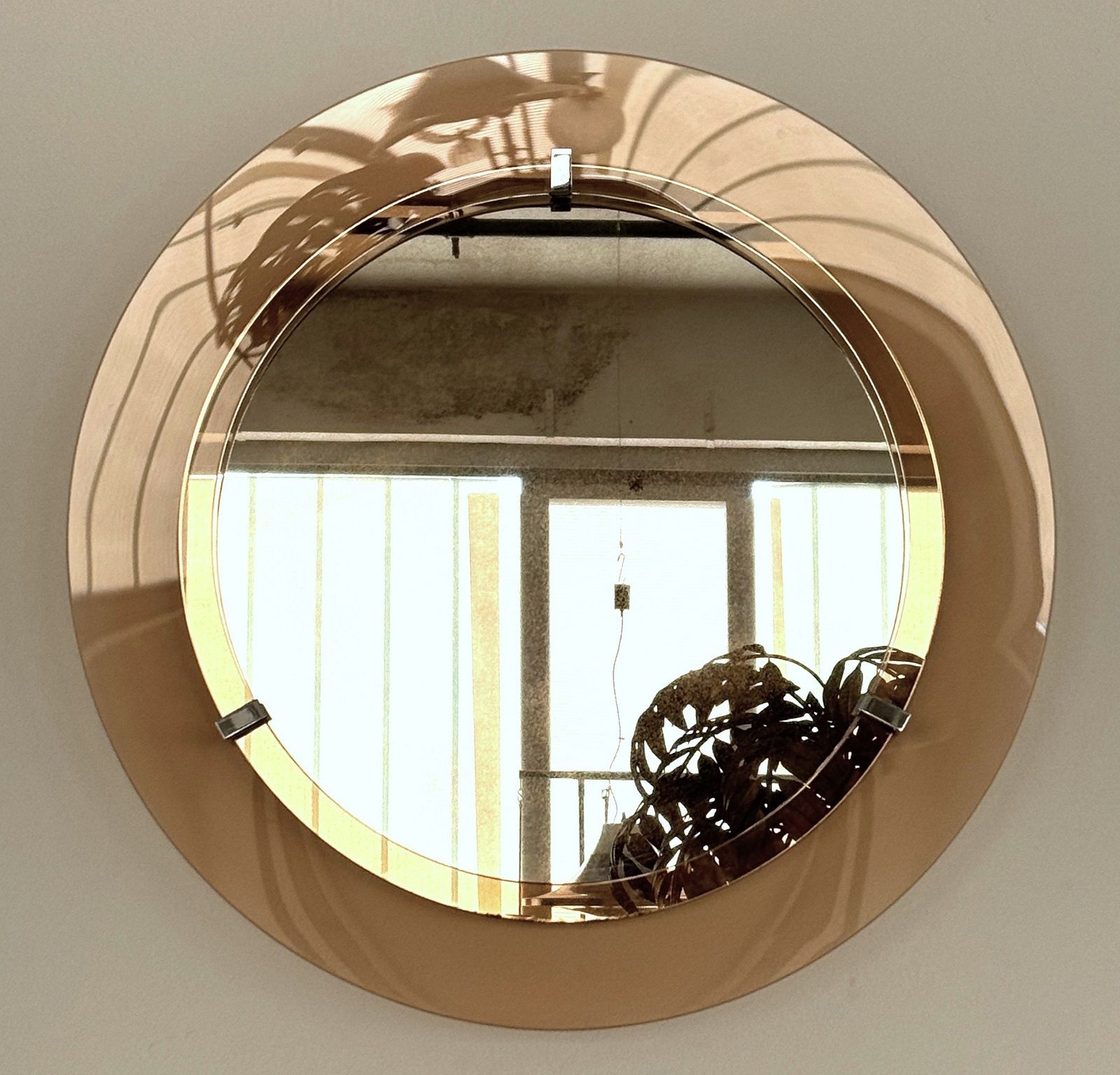 1500.0 Italian Large Midcentury Round Glass Wall Mirror In Pink, 1970s photo