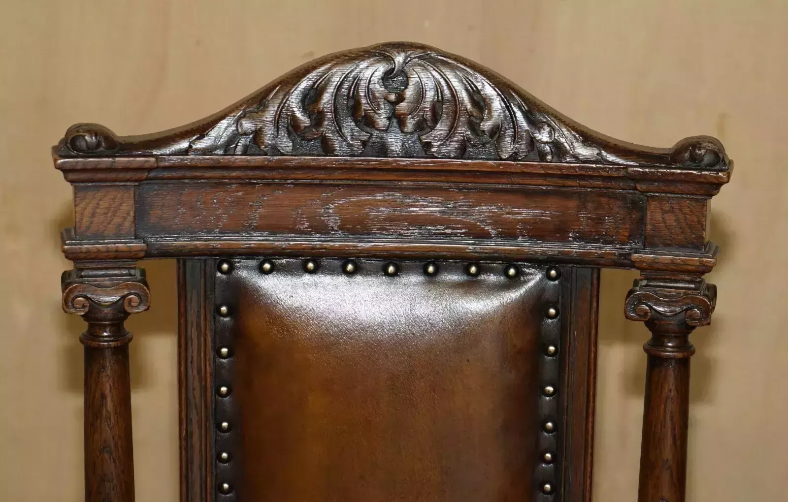 Two Antique Italian Grand Tour Corinthian Pillar Brown Leather Side Hall Chairs photo vinterior