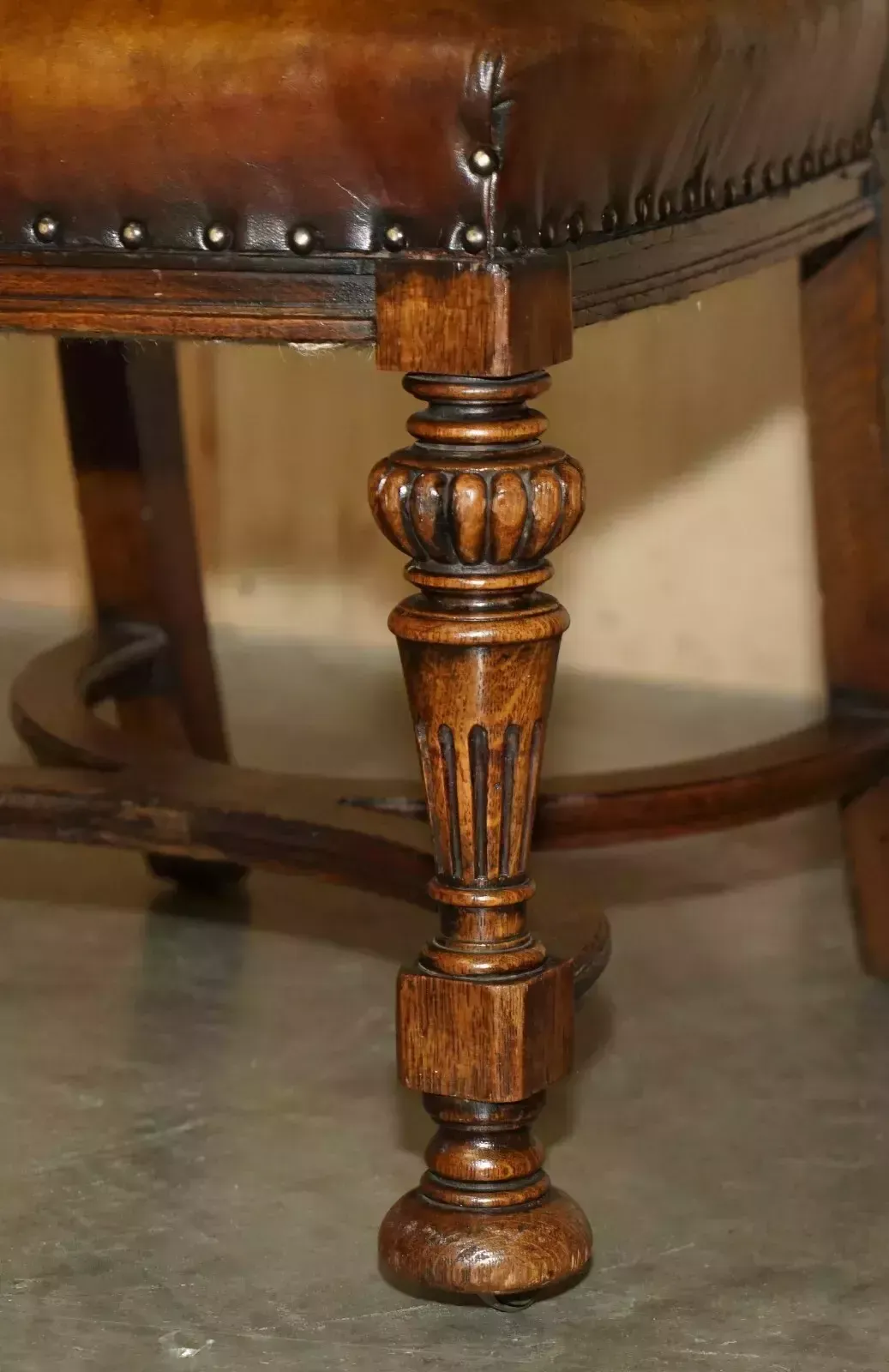 Furniture Two Antique Italian Grand Tour Corinthian Pillar Brown Leather Side Hall Chairs photo