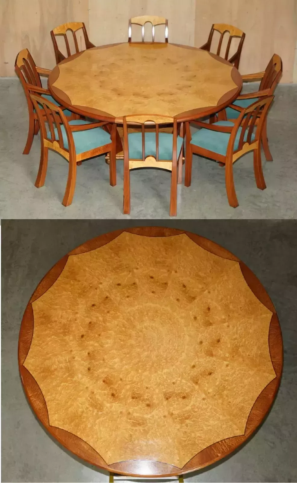 Original Andrew Varah Burr Walnut & Amboyna Wood Round Dining Table & Chairs Set