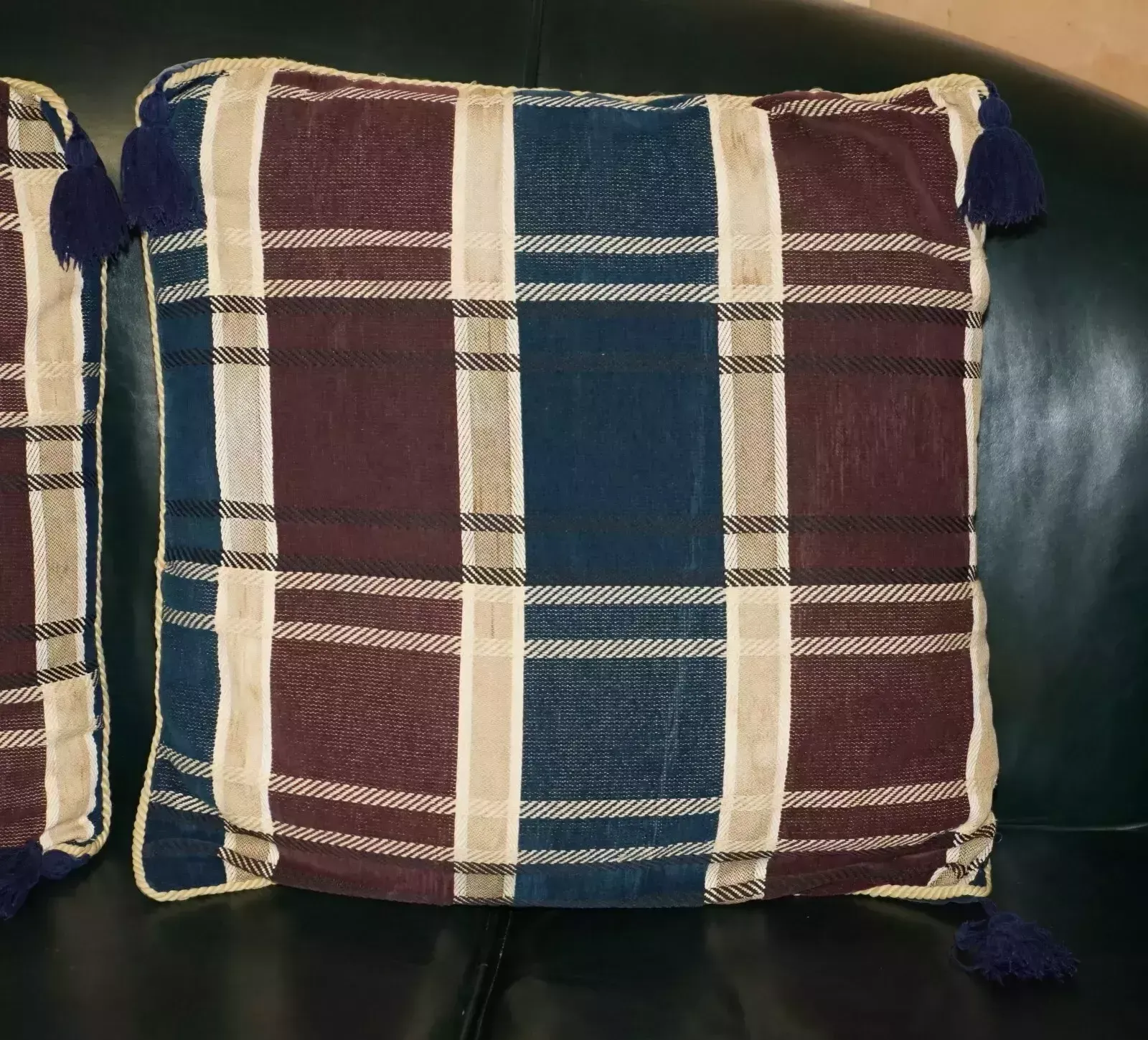 Pair Of Large 55cm Tartan Blue Velvet With Tassels Sofa Armchair Cushion Pillows photo furniture