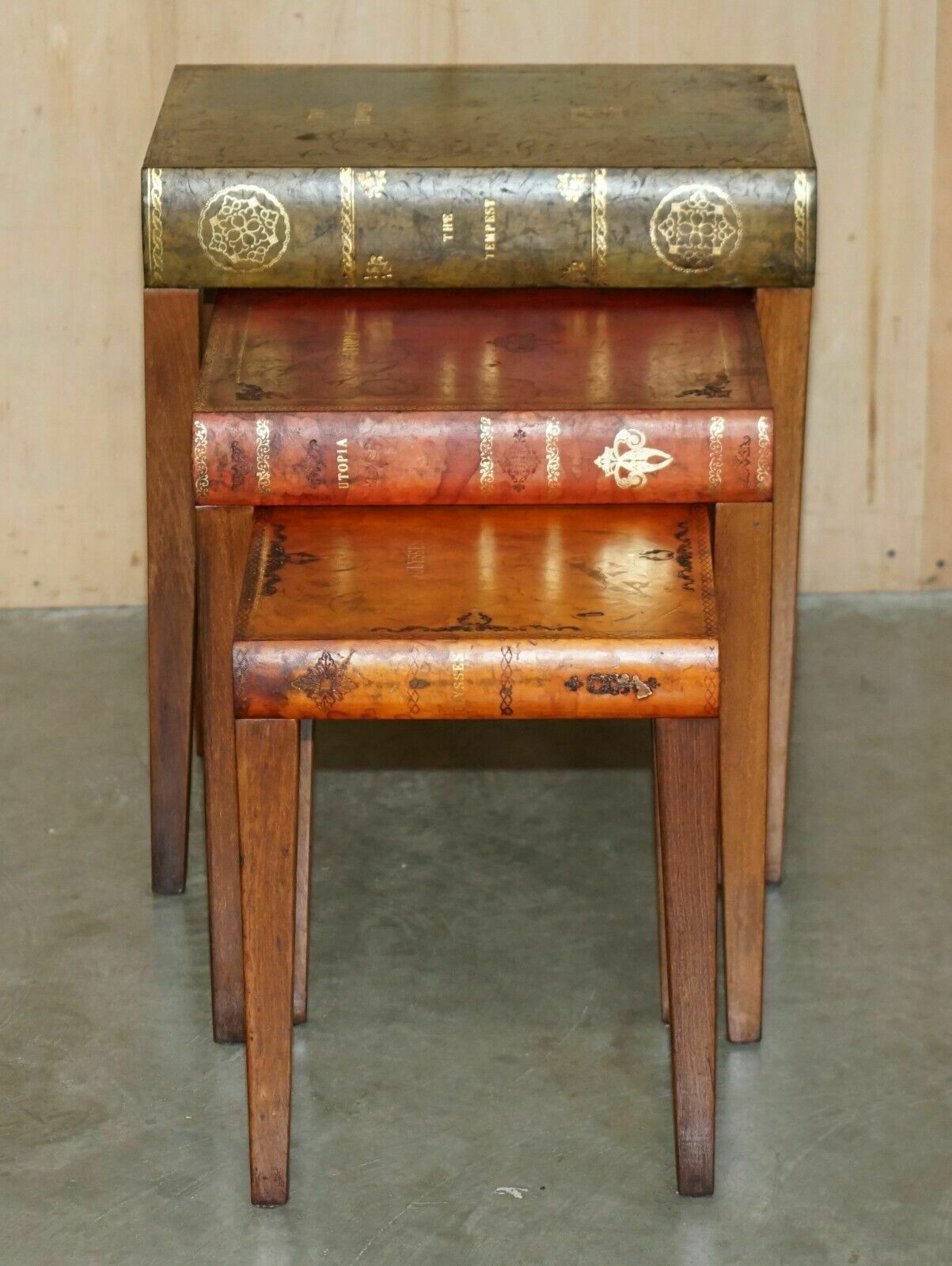 Nest Of Vintage Faux Book Tables In Original Antique Distressed Leather photo furniture