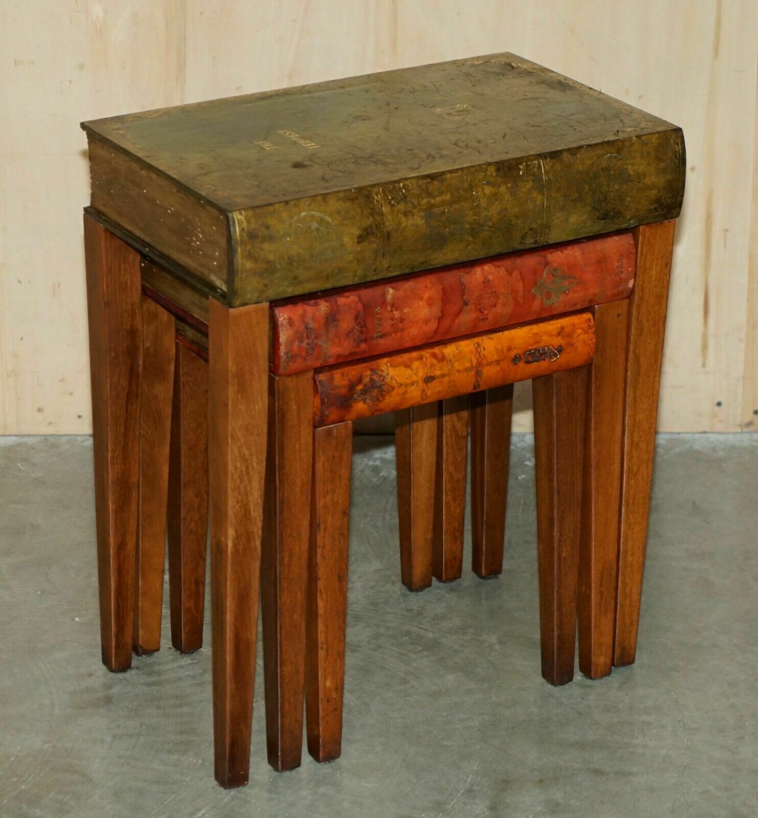 Nest Of Vintage Faux Book Tables In Original Antique Distressed Leather photo for sale