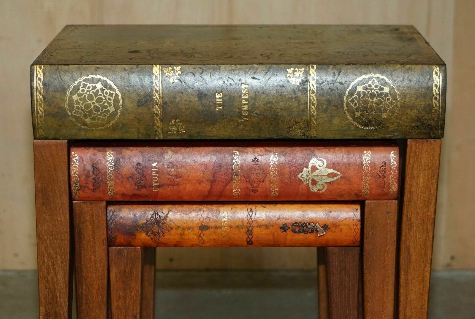 photo furniture Nest Of Vintage Faux Book Tables In Original Antique Distressed Leather