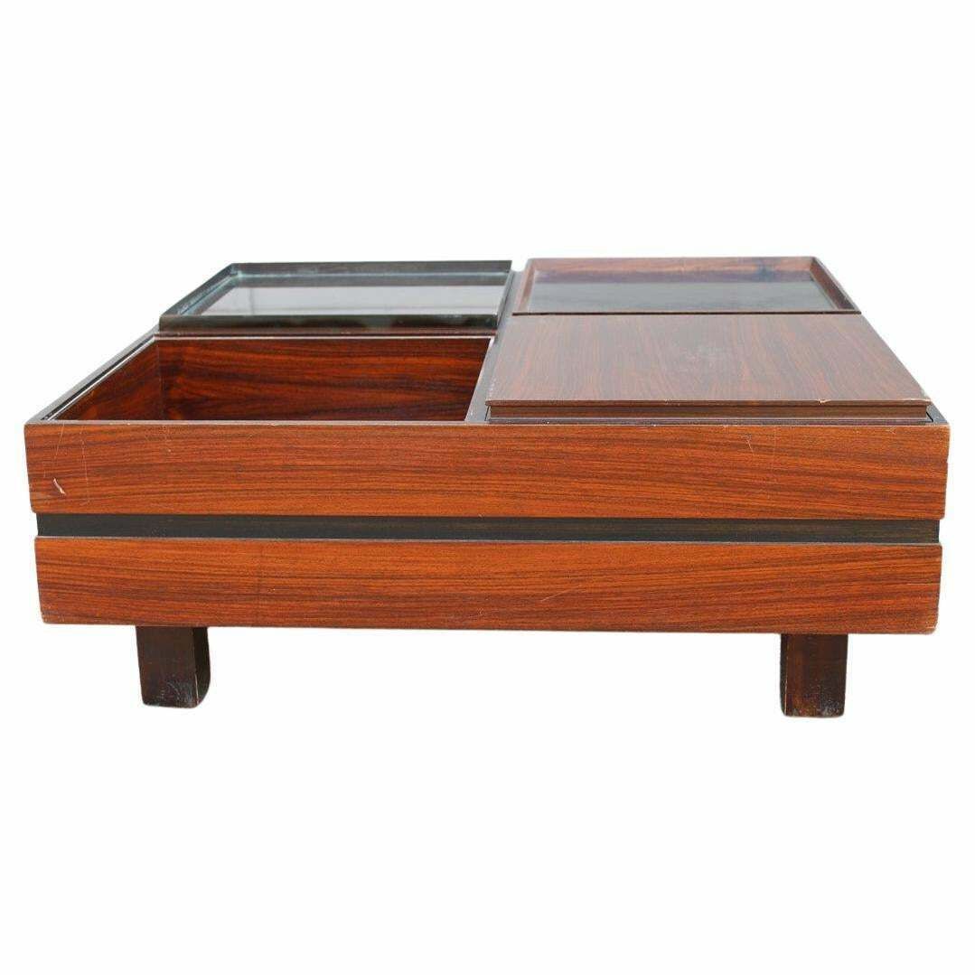 Low Square Wooden Table With Trays Luigi Sormani 1960 Italy Brass