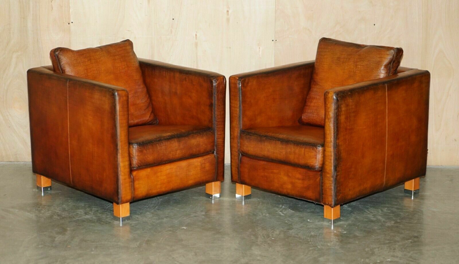 Restored Pair Of Moroso Crocodile Alligator Patina Brown Leather Club Armchairs
