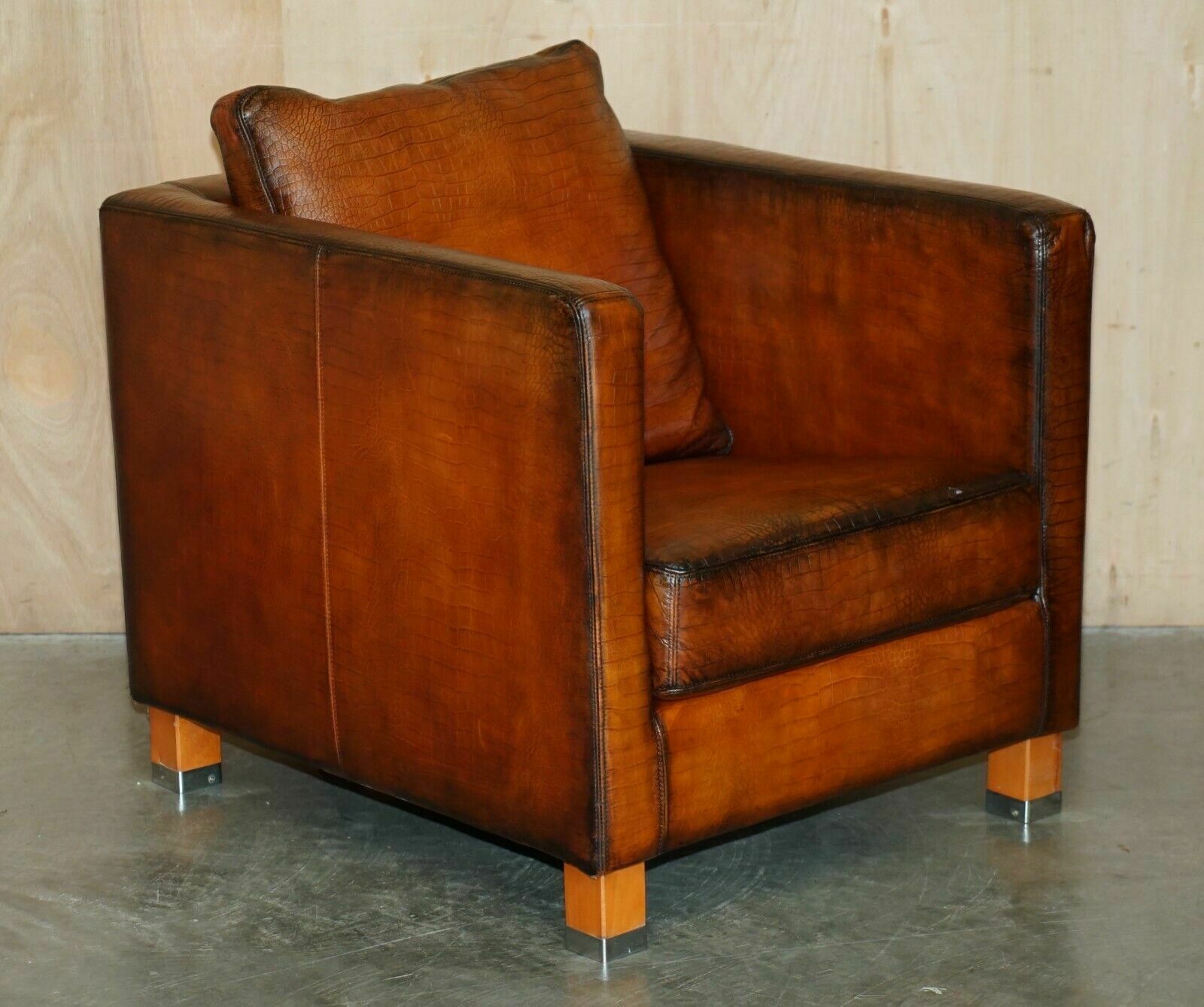 Restored Pair Of Moroso Crocodile Alligator Patina Brown Leather Club Armchairs photo furniture