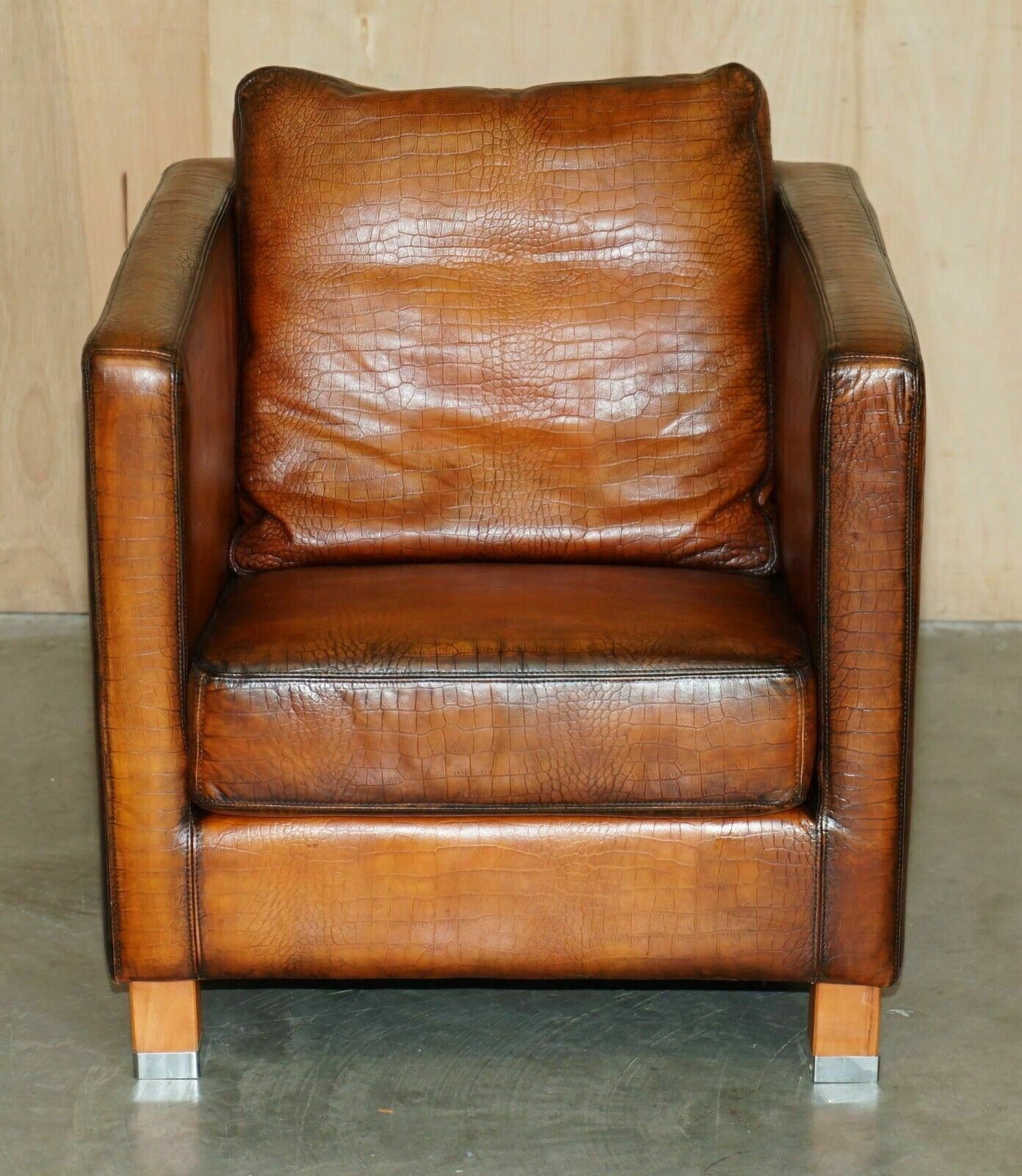 Restored Pair Of Moroso Crocodile Alligator Patina Brown Leather Club Armchairs photo for sale