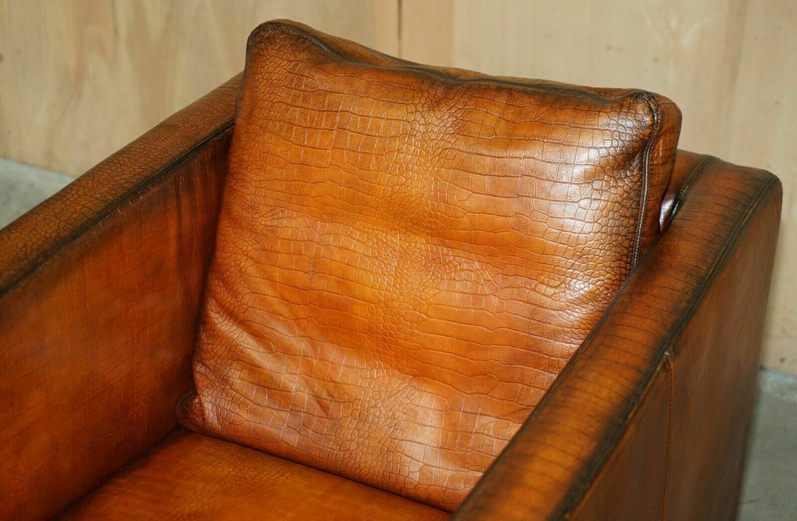 Restored Pair Of Moroso Crocodile Alligator Patina Brown Leather Club Armchairs photo Furniture