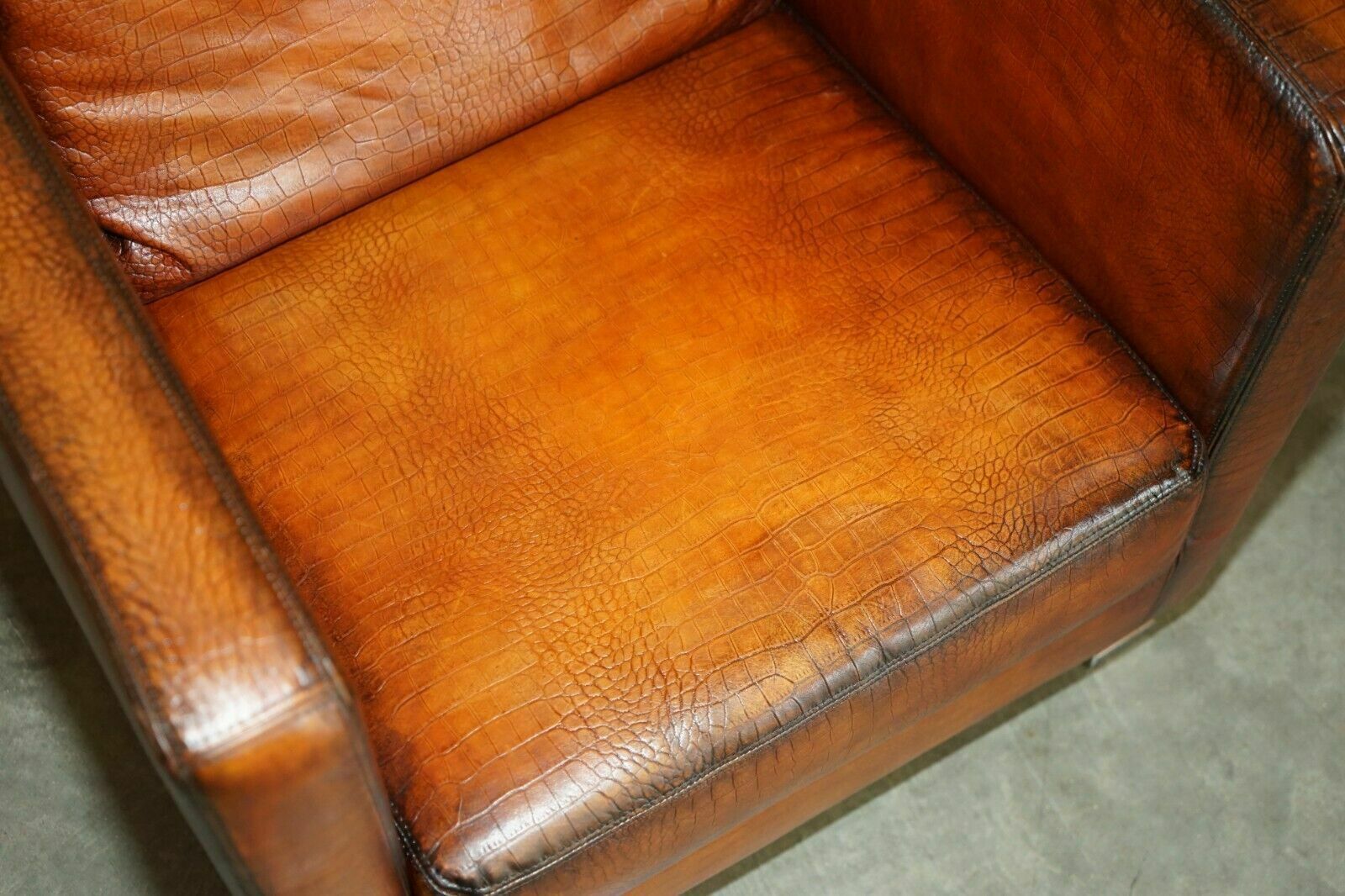 Restored Pair Of Moroso Crocodile Alligator Patina Brown Leather Club Armchairs photo vinterior