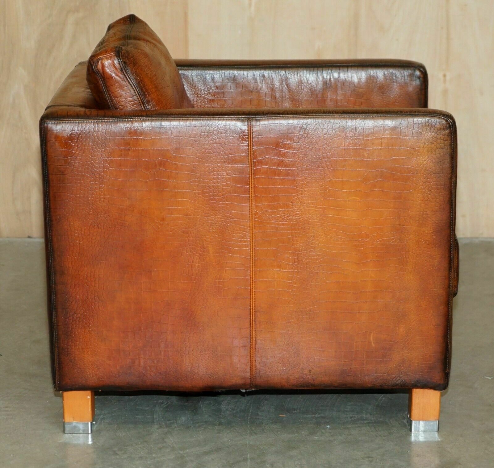 Furniture Restored Pair Of Moroso Crocodile Alligator Patina Brown Leather Club Armchairs photo