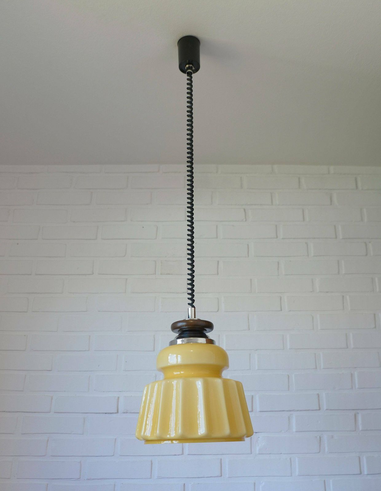 Beige Glass Pendant Light / Mid Century Modern / Retro Hanging Lamp / Glass Light Fixture / Yugoslavia 1970's / Vintage Chandelier photo for sale
