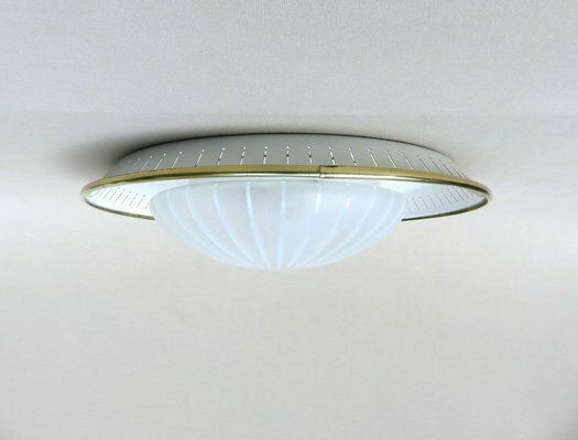 Mid Century Ceiling Or Wall Light In Satin Glass, Metal & Brass From Hillebrand, 1950s