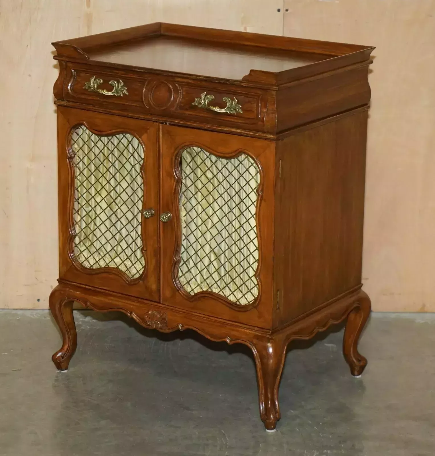 Pair Of Vintage French Walnut Pierced Brass & Silk Side Cabinets With Drawers photo furniture