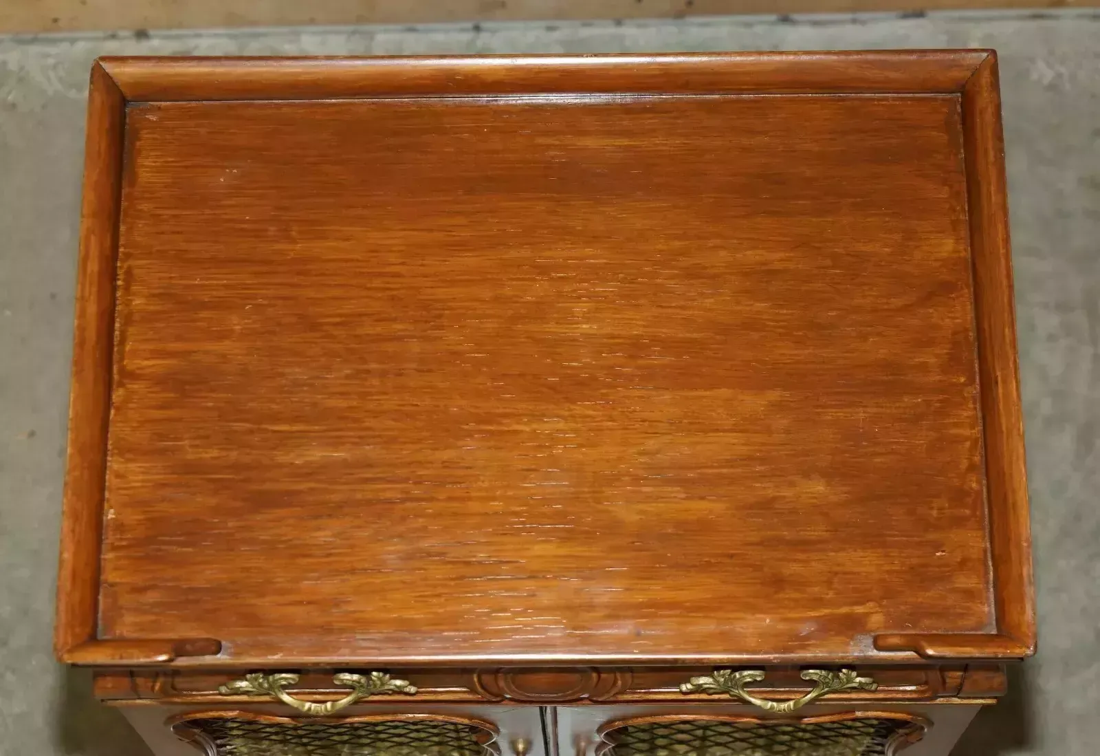 Pair Of Vintage French Walnut Pierced Brass & Silk Side Cabinets With Drawers photo Furniture