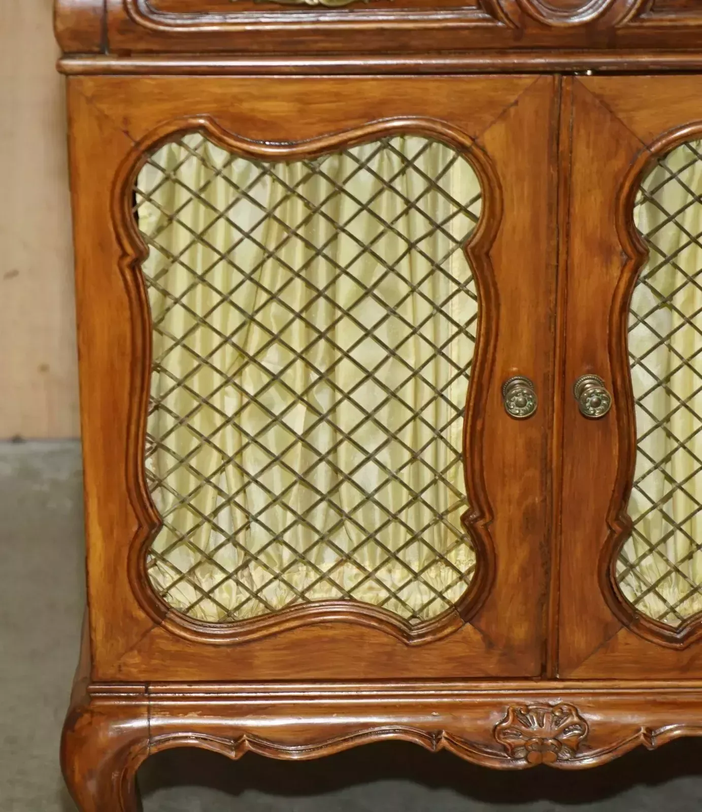 Pair Of Vintage French Walnut Pierced Brass & Silk Side Cabinets With Drawers photo vintage