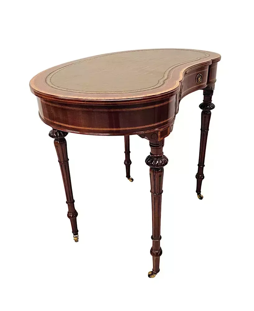 A Very Rare Late 19th Century Inlaid Leather Top Kidney Shape Desk Labelled 'Millar And Beatty Dublin' photo furniture