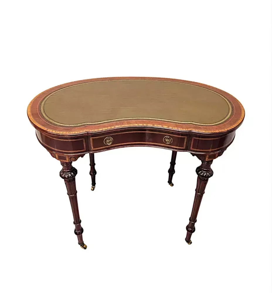 A Very Rare Late 19th Century Inlaid Leather Top Kidney Shape Desk Labelled 'Millar And Beatty Dublin' photo vinterior
