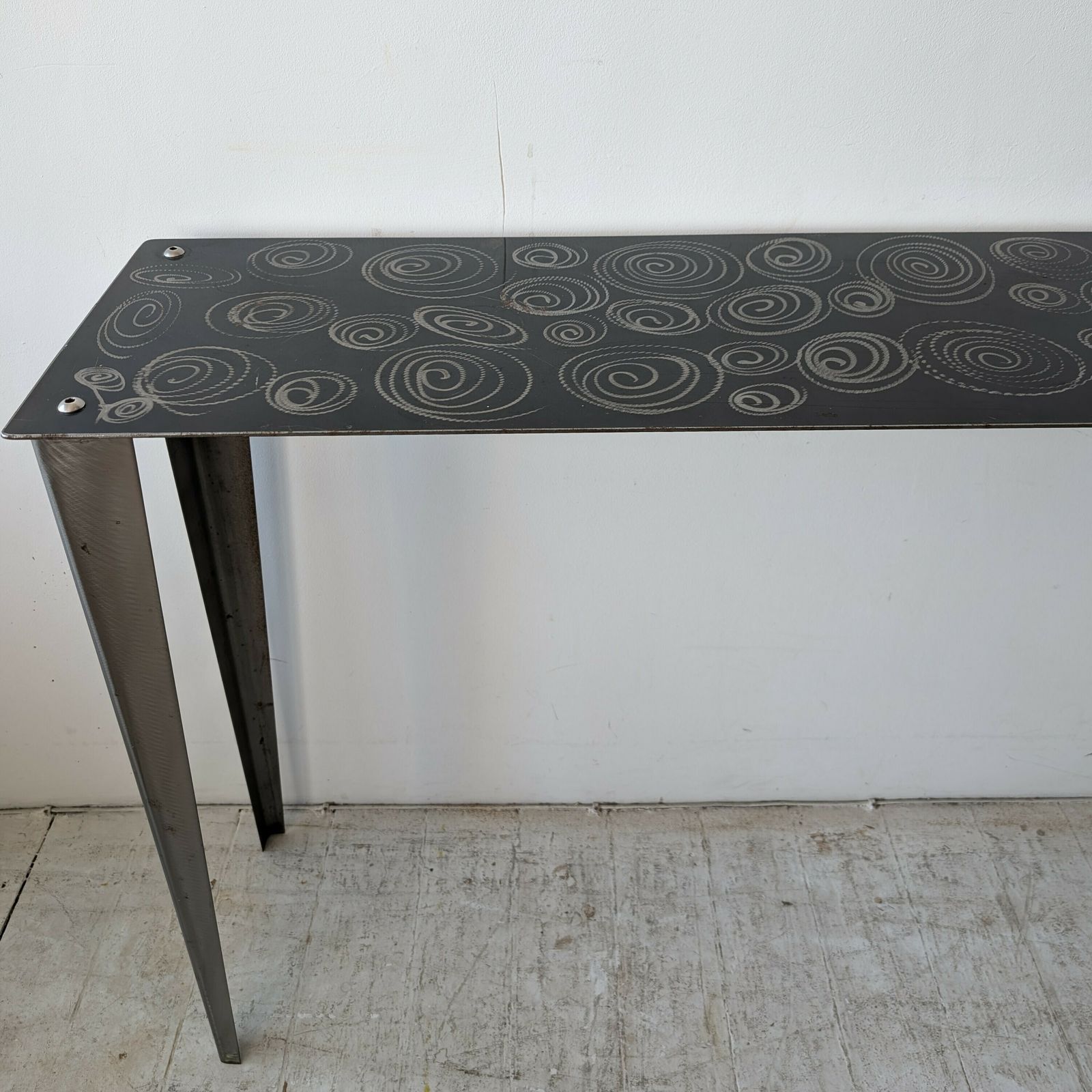 photo for sale Super Stylish Postmodern American Steel Console With Spiral Squiggle Design 1980s / 1990s