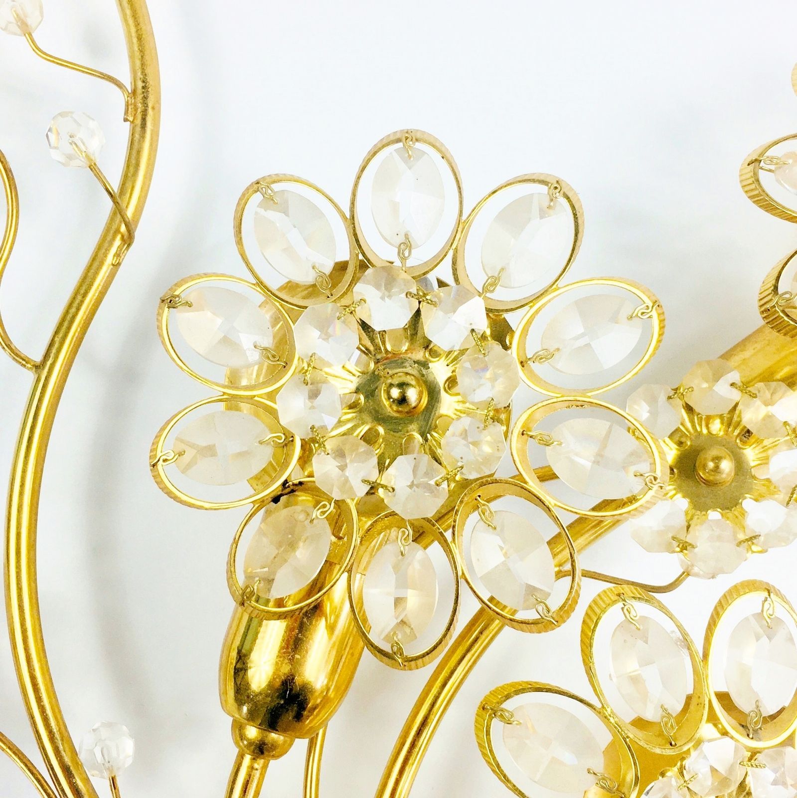 Pair Of Extra Large Mid Century Gilt Brass & Crystal Flower Shape Wall Lights From Palwa, Germany, 1960s/1970s photo vintage