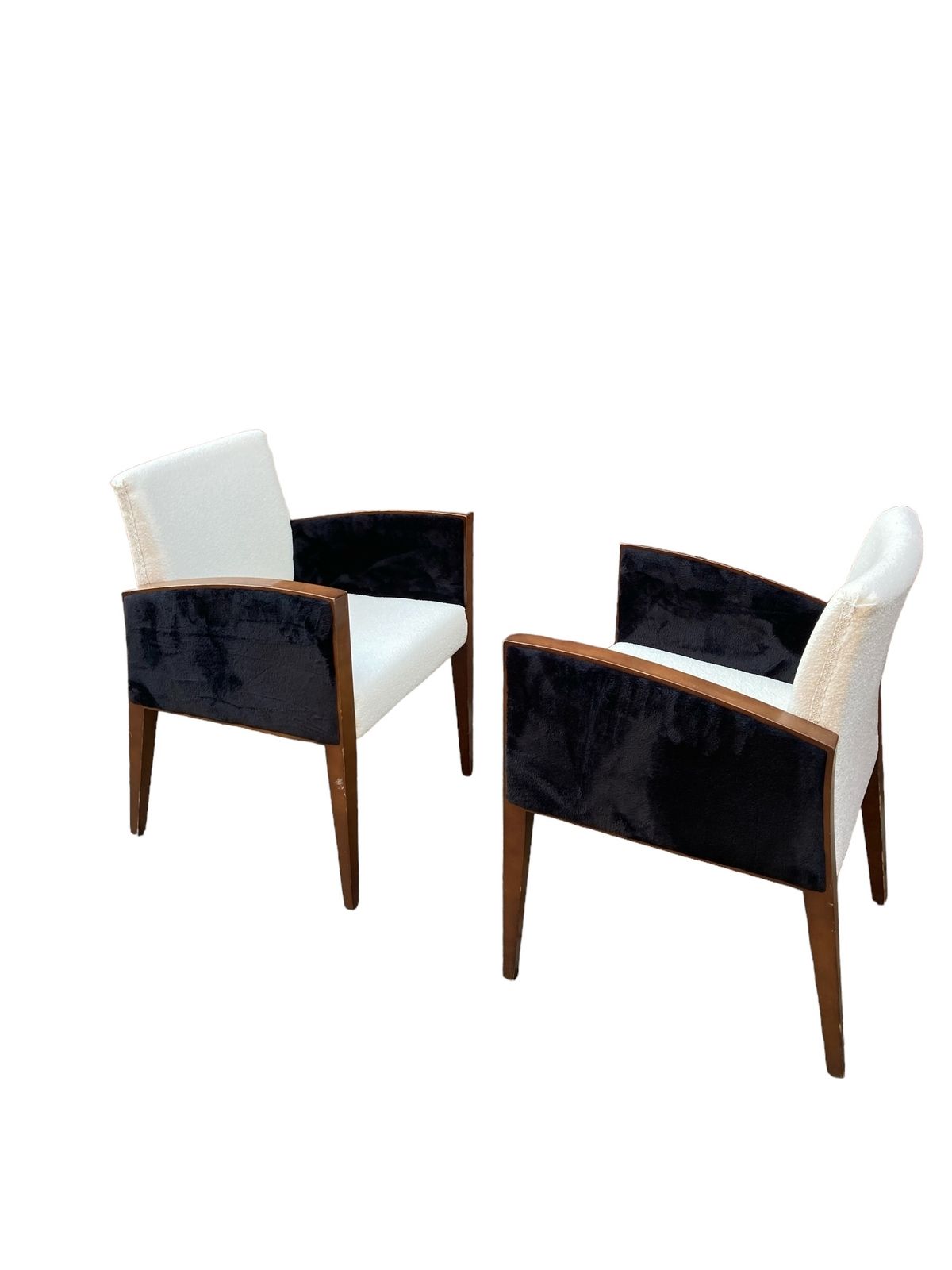 A Pair Of Art Deco Style Armchairs, Reupholsterd In White Boucle Fabric, Black Velvet Sides photo vintage