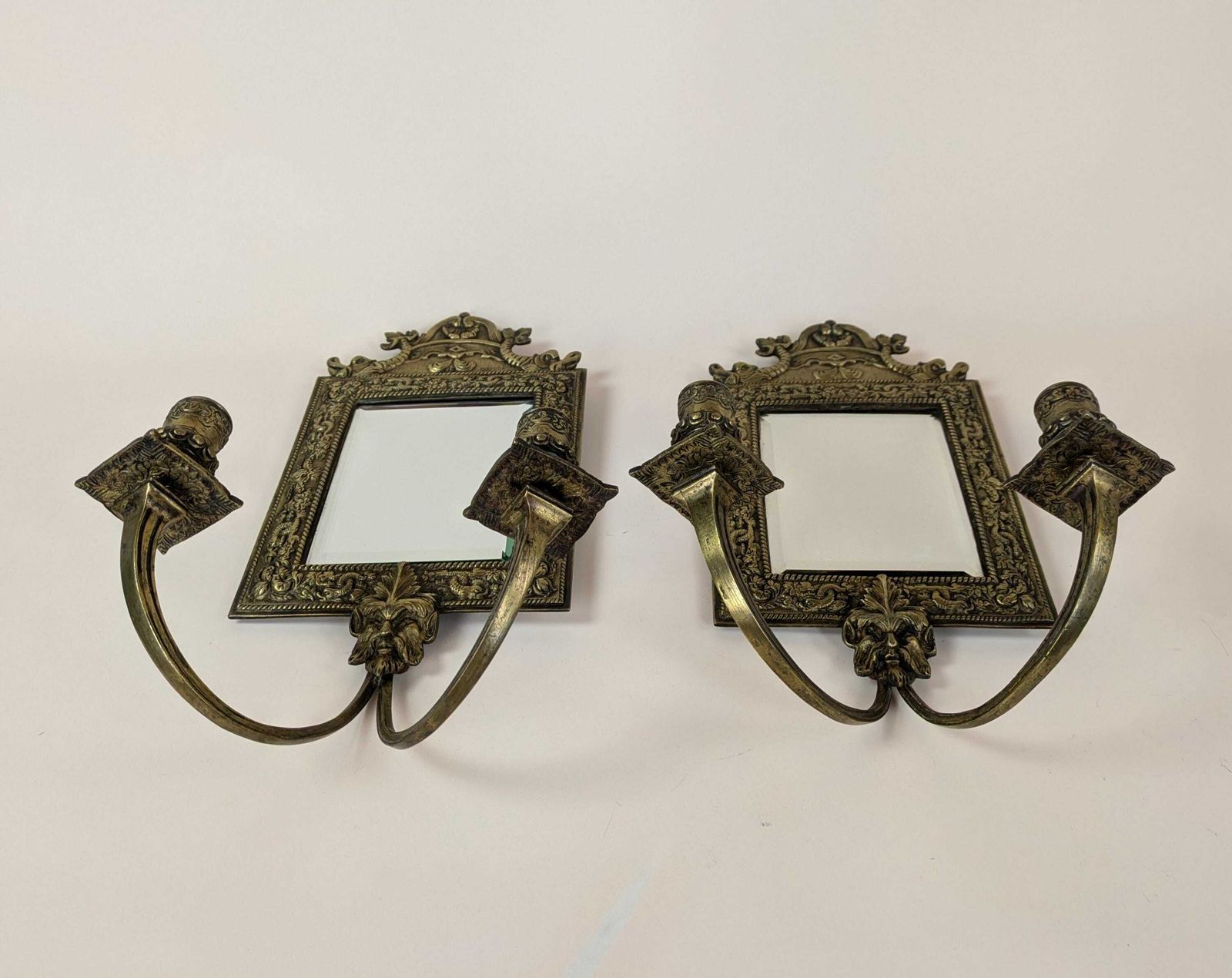 Antique French Bronze Beveled Mirror Wall Hanging Sconce Candle Candlestick Light Fixtures, Original Home Lighting photo for sale