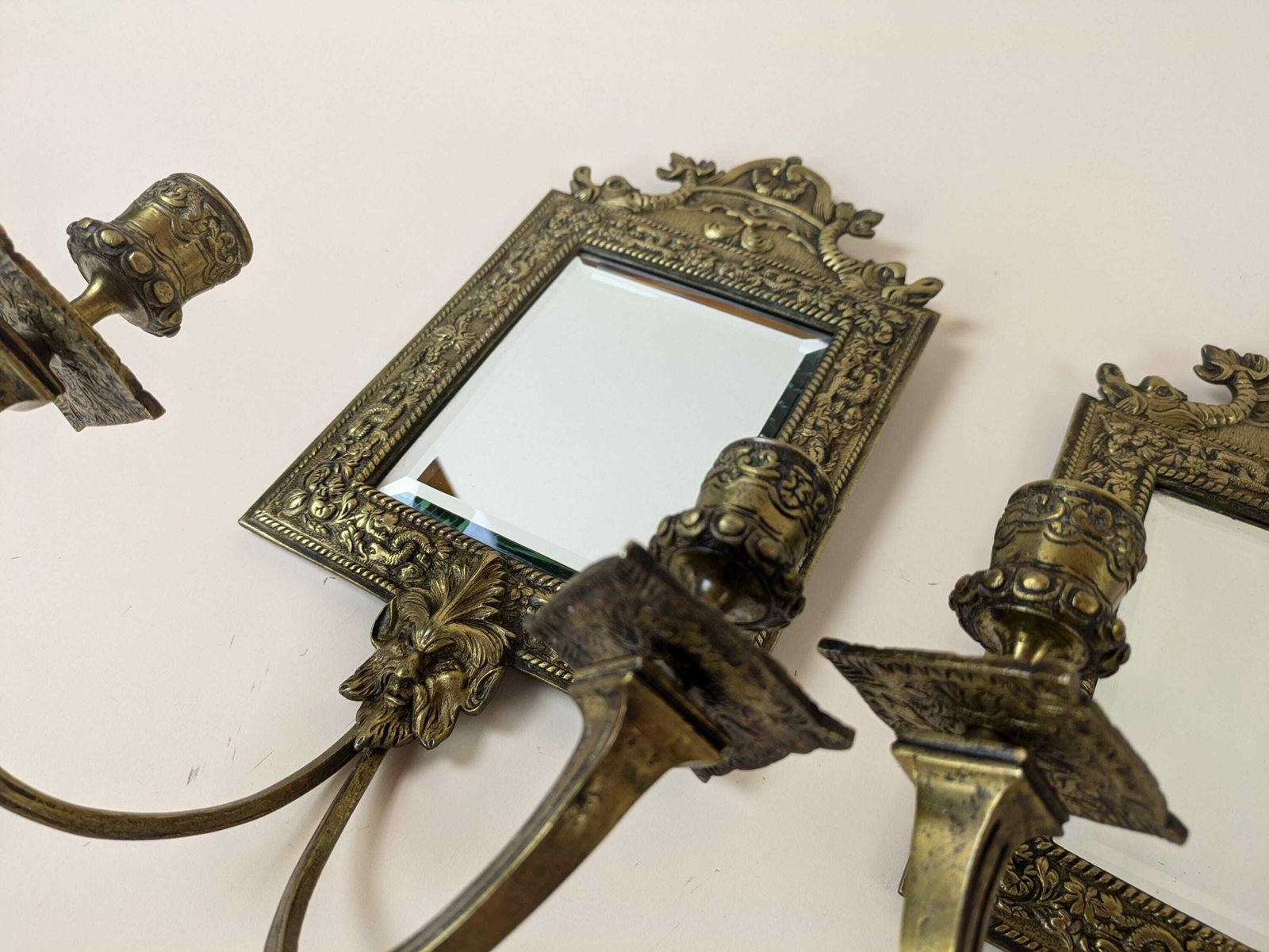 Antique French Bronze Beveled Mirror Wall Hanging Sconce Candle Candlestick Light Fixtures, Original Home Lighting photo buy