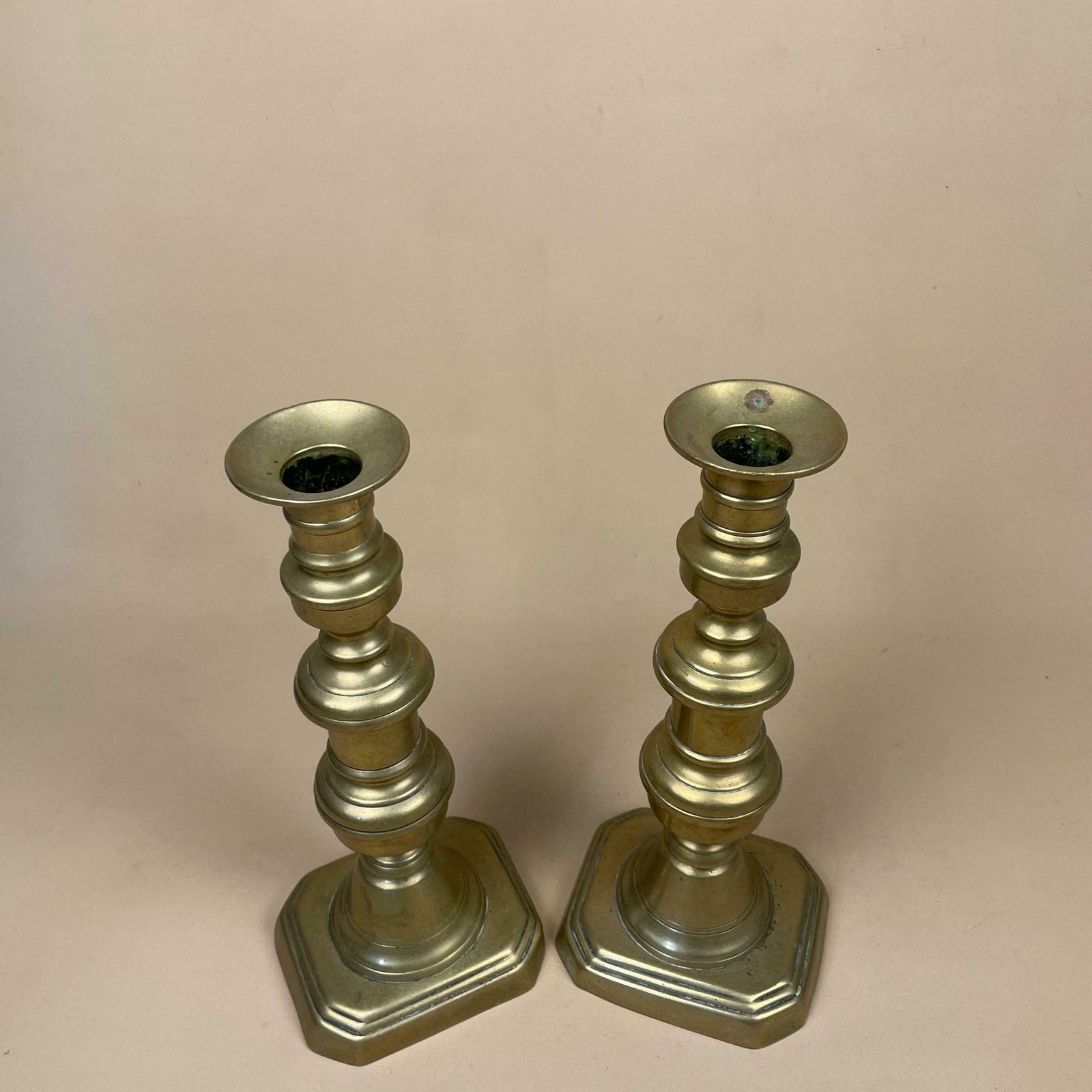 Antique Matching Pair Of Gold Brass Metal Candlestick Candle Stick Vintage Column Taper Dinner Candlesticks Rectangle Base Column Pillar photo 58.0