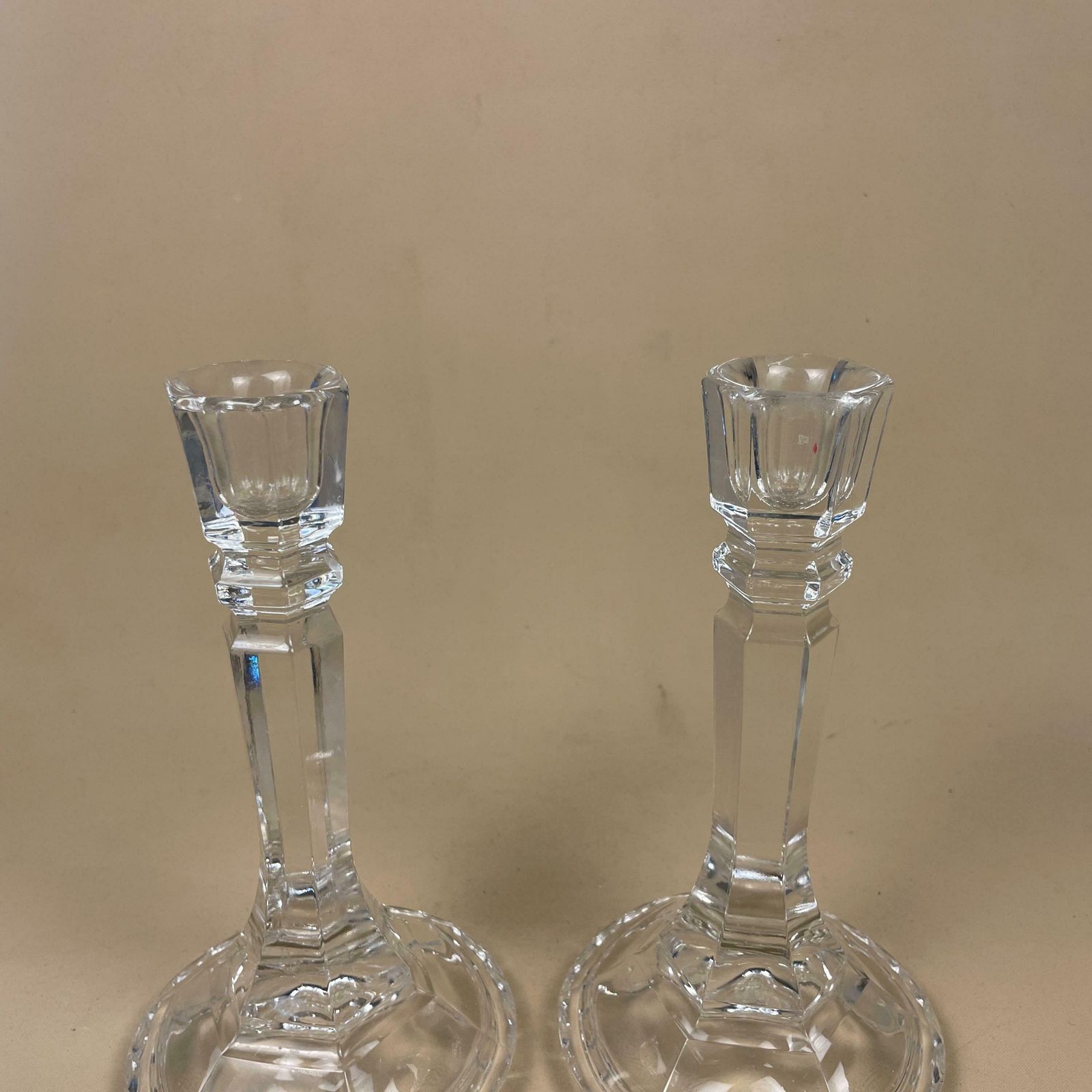 Vintage Pair Of Matching Clear Glass Candlestick Candle Stick Holder Lights Vintage Taper Dinner Candlesticks Chandelier Round Base Retro photo for sale