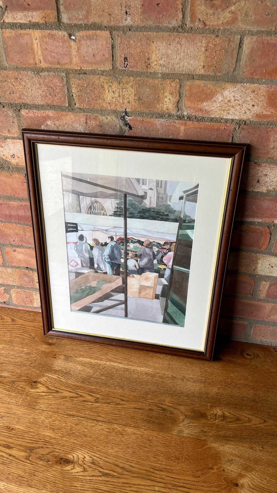 Original Vintage Framed Watercolour Painting Depicting People In A Market