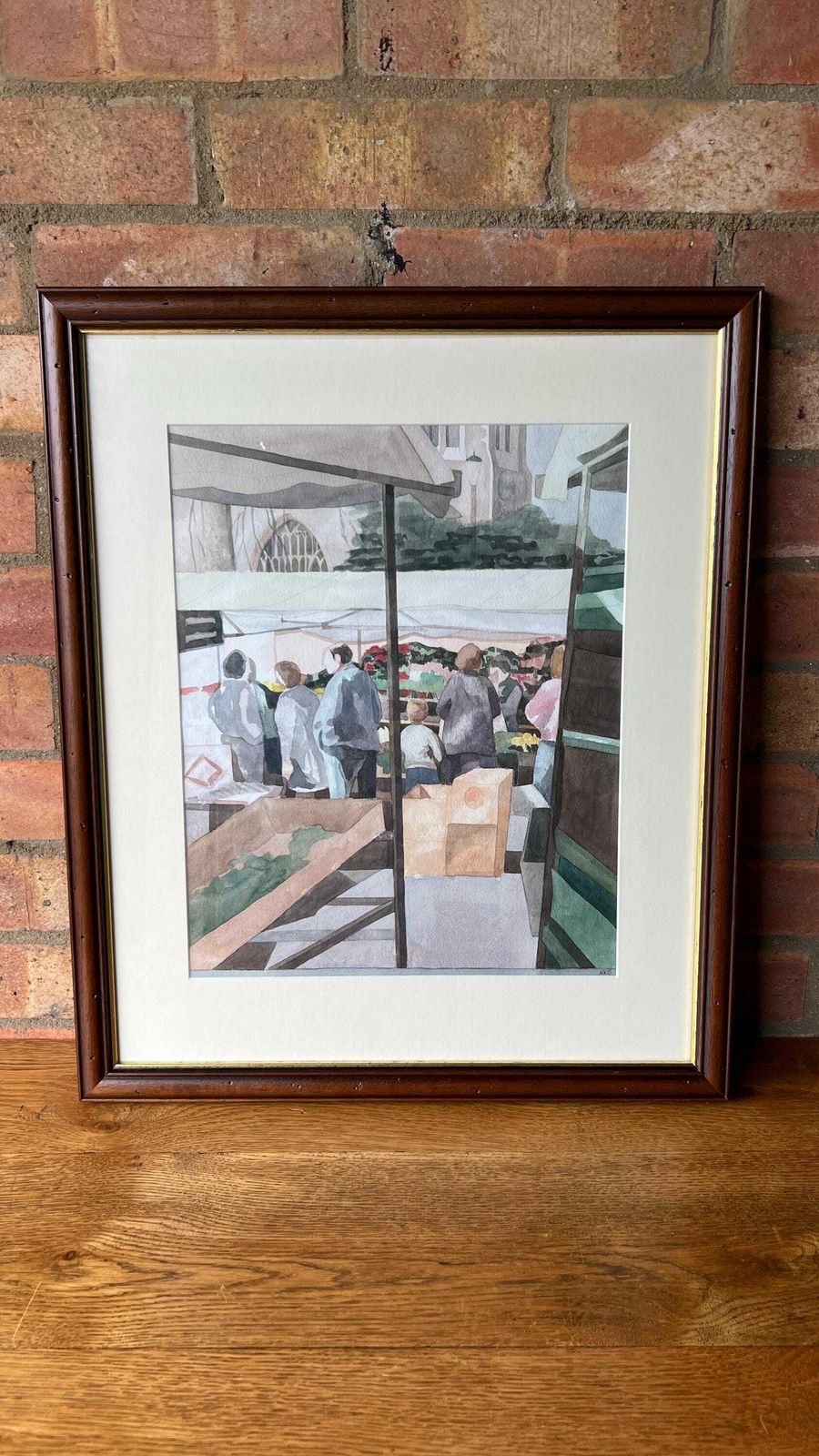 Original Vintage Framed Watercolour Painting Depicting People In A Market photo furniture
