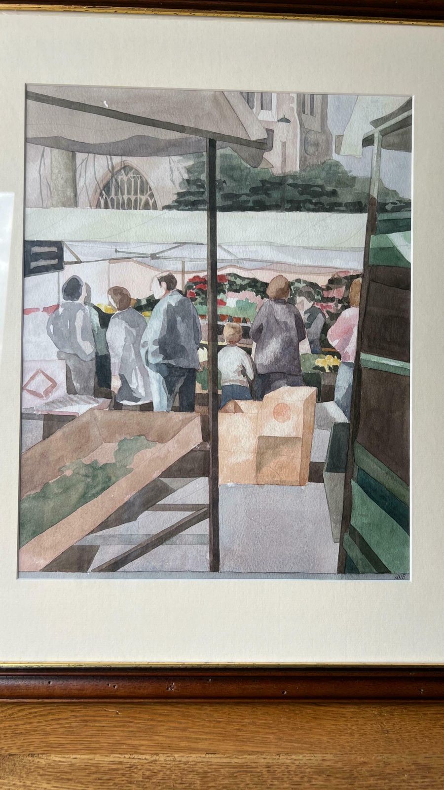 Original Vintage Framed Watercolour Painting Depicting People In A Market photo for sale